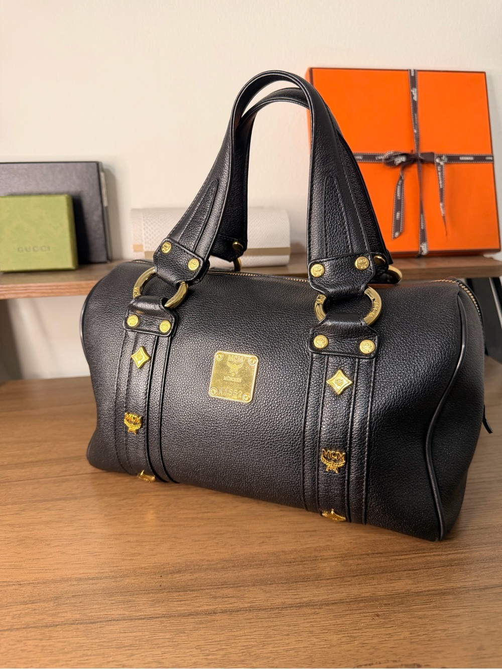 AUTHENTIC - MCM Black Boston Style Too Handle Bag with Gold Hardware
